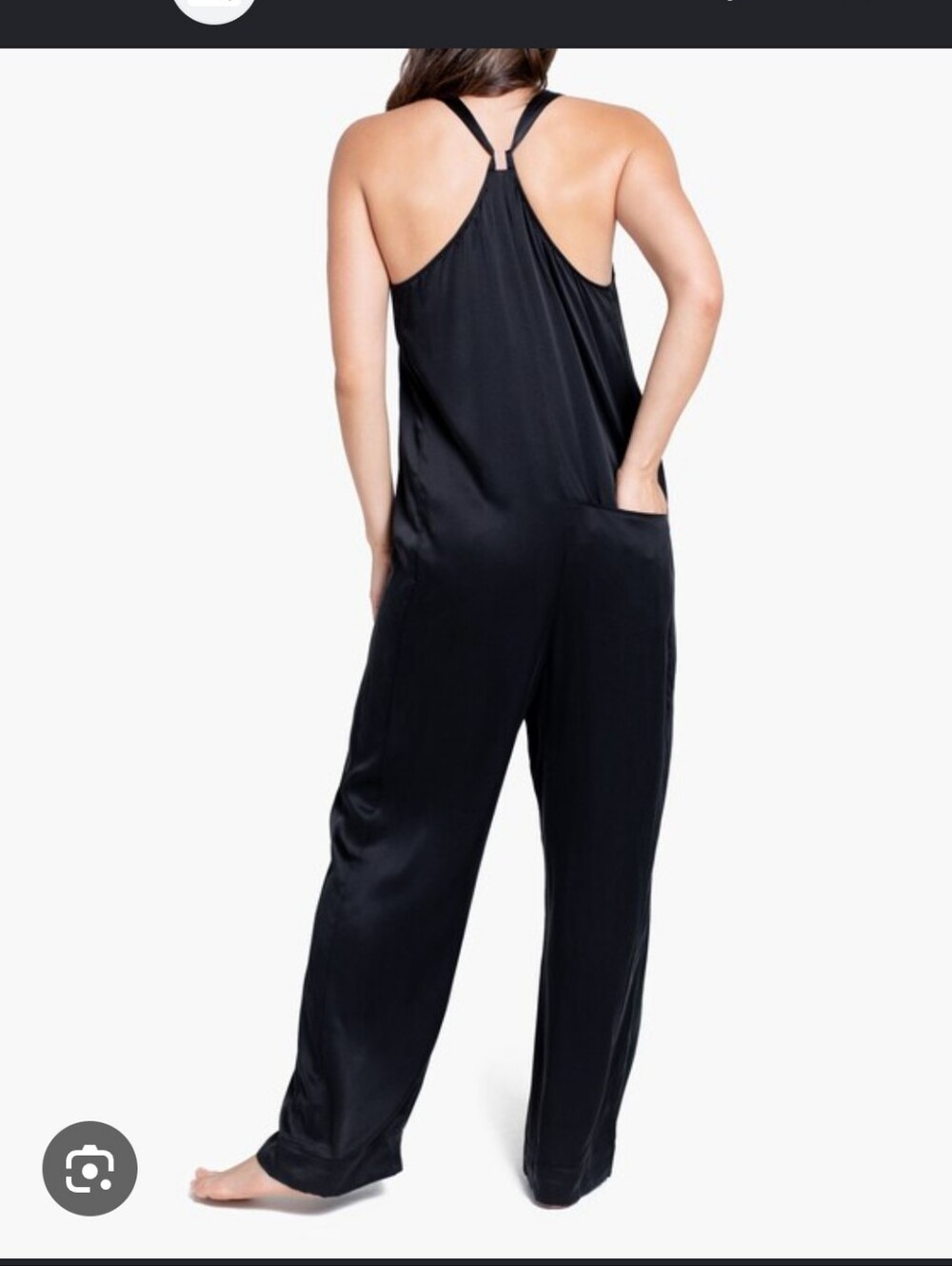 Lunya Silk Sleep Jumpsuit in black with a racerback-style twisted strap
